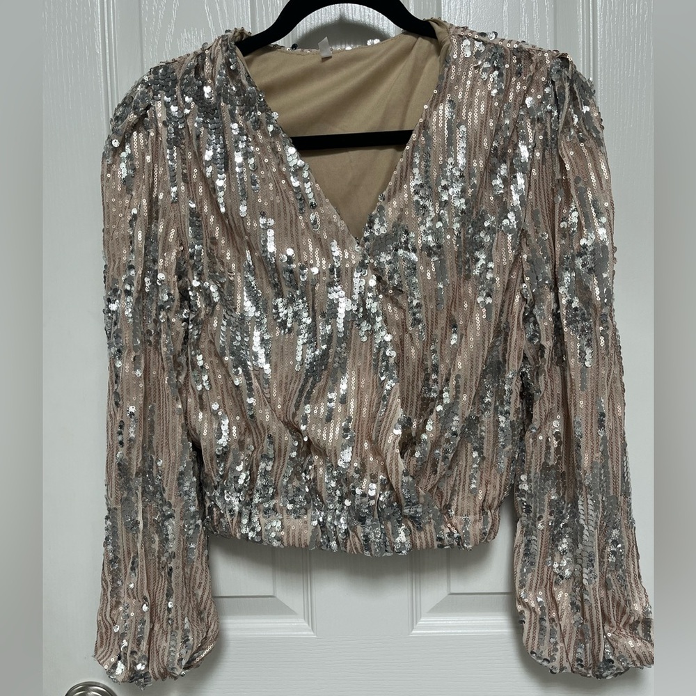 Sequin V-Neck Blouse - Silver and Cream